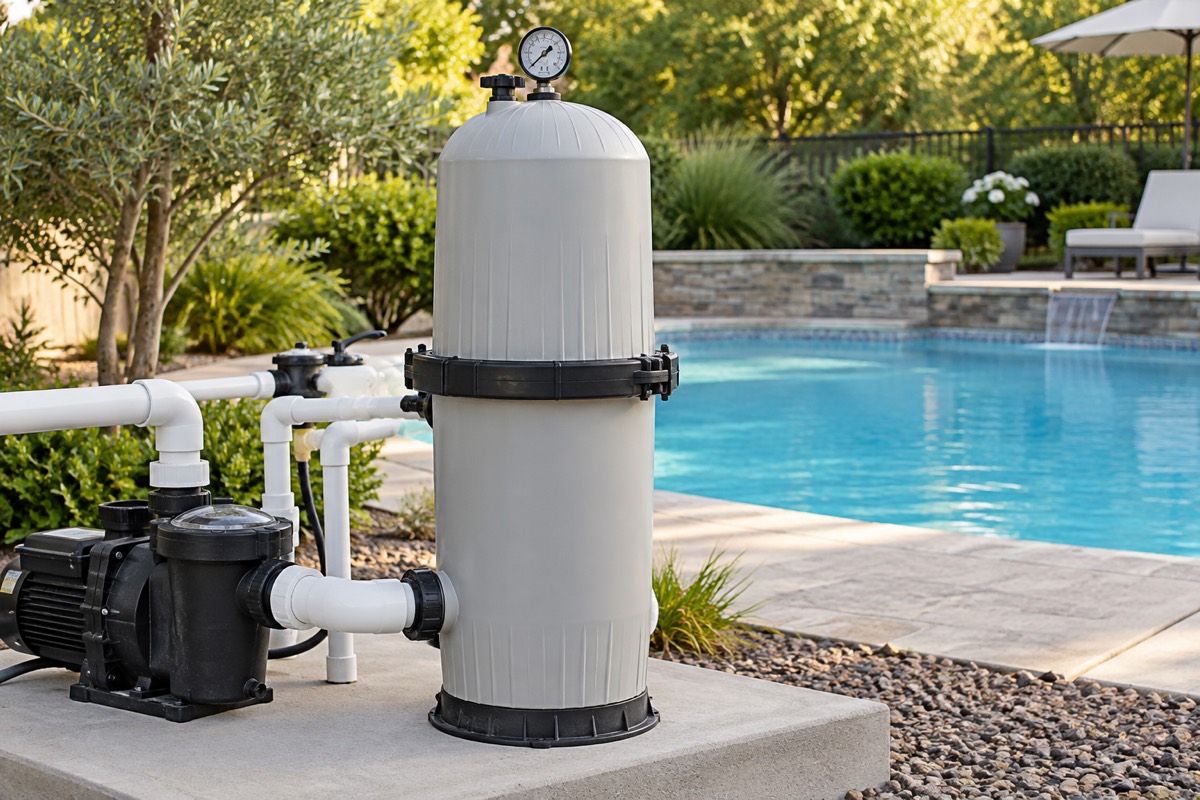 Pool filter housing and connected circulation plumbing