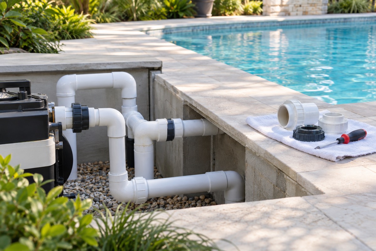 Exposed pool plumbing beside a residential pool deck